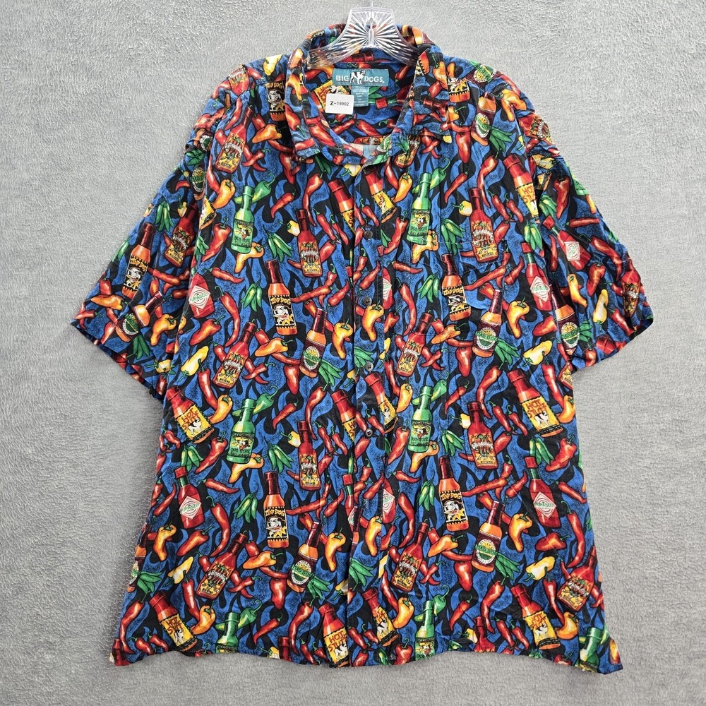 Big Dogs Men Button Up Shirt 3X Blue Hot Sauce Peppers Allover Print Collar